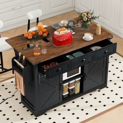 Black Wood Grain Farmhouse Kitchen Island with Sliding Doors