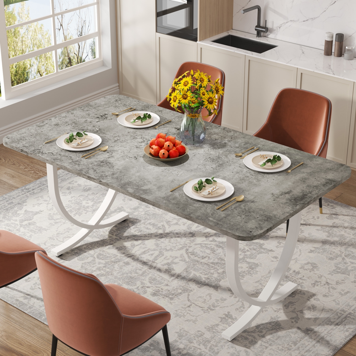 Tribesigns Rectangular Dining Table for 4, Inches Modern Kitchen Table with Faux Marble Table Top and Metal Legs for Dining Room, Kitchen - Grey an