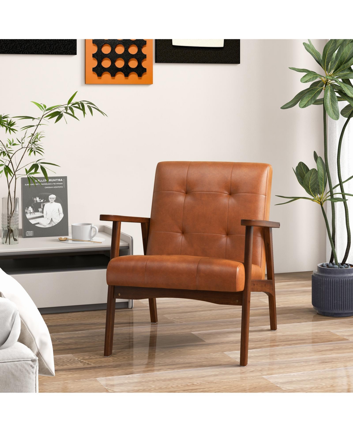 Mid Century Modern Accent Chair with Solid Rubber Wood Frame and Leather Cover-Brown