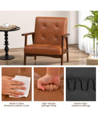 Mid Century Modern Accent Chair with Solid Rubber Wood Frame and Leather Cover-Brown