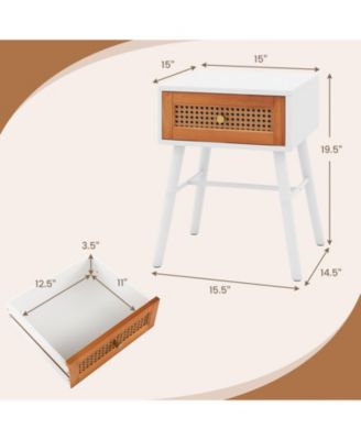 Rattan Nightstand Mid Century Modern Accent Table with Drawer-White