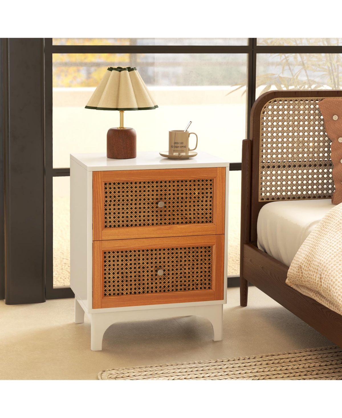Slickblue Boho Accent Table Nightstand with 2 Handwoven Rattan Decorated Drawers-White