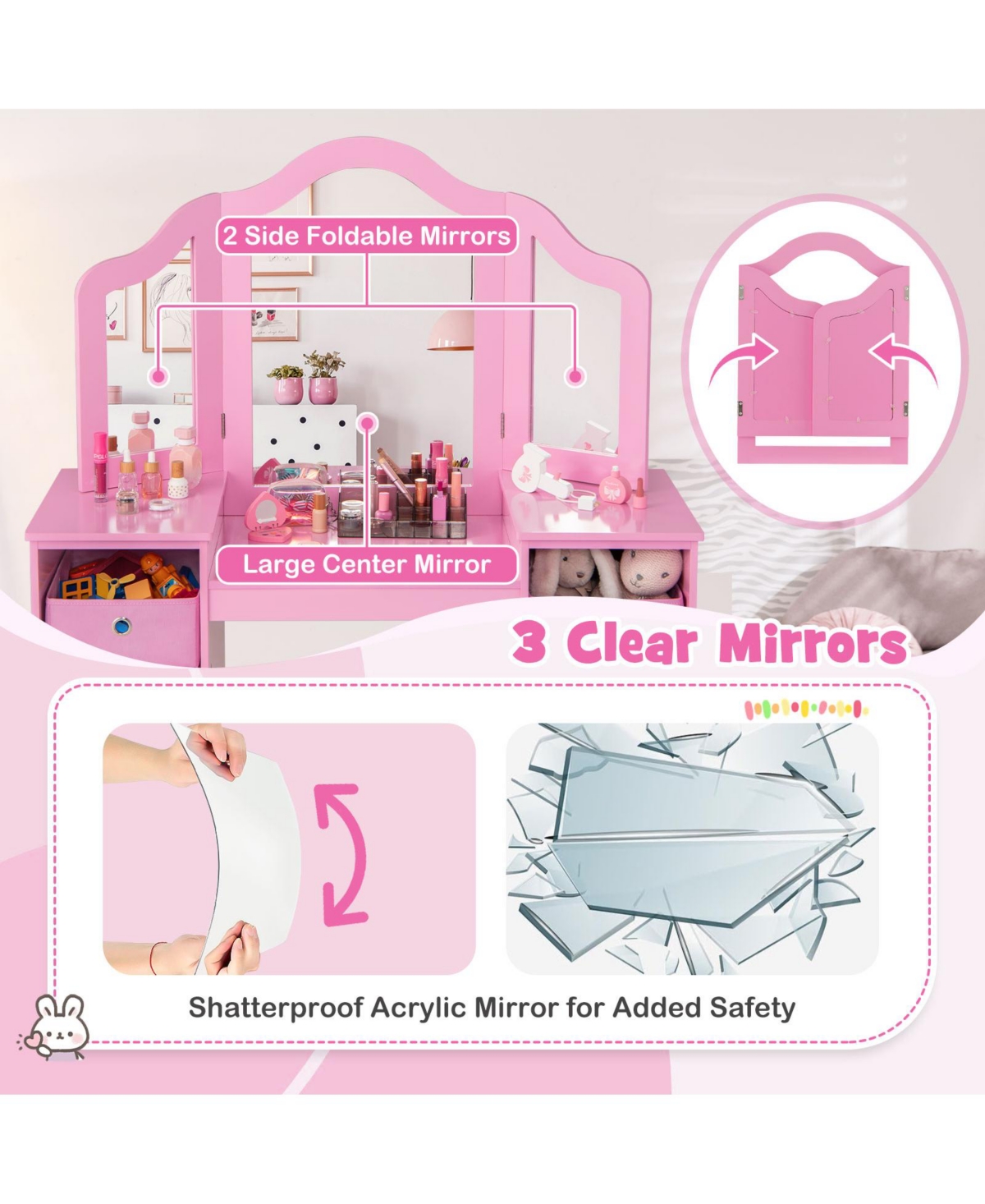 Slickblue Kids Vanity Table and Chair Set with Removable Mirrors and 4 Storage Bins