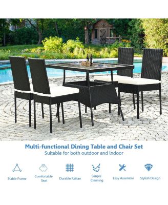 5 Pieces Rattan Dining Set with Glass Table and High Back Chair