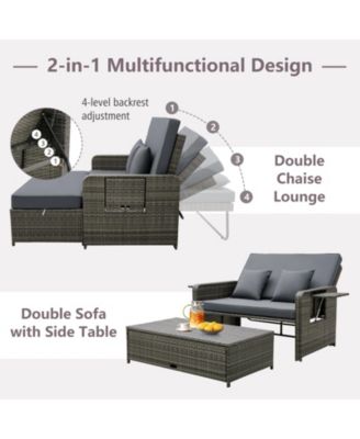 Patio Wicker Loveseat Sofa with Multipurpose Ottoman and Retractable Side Tray