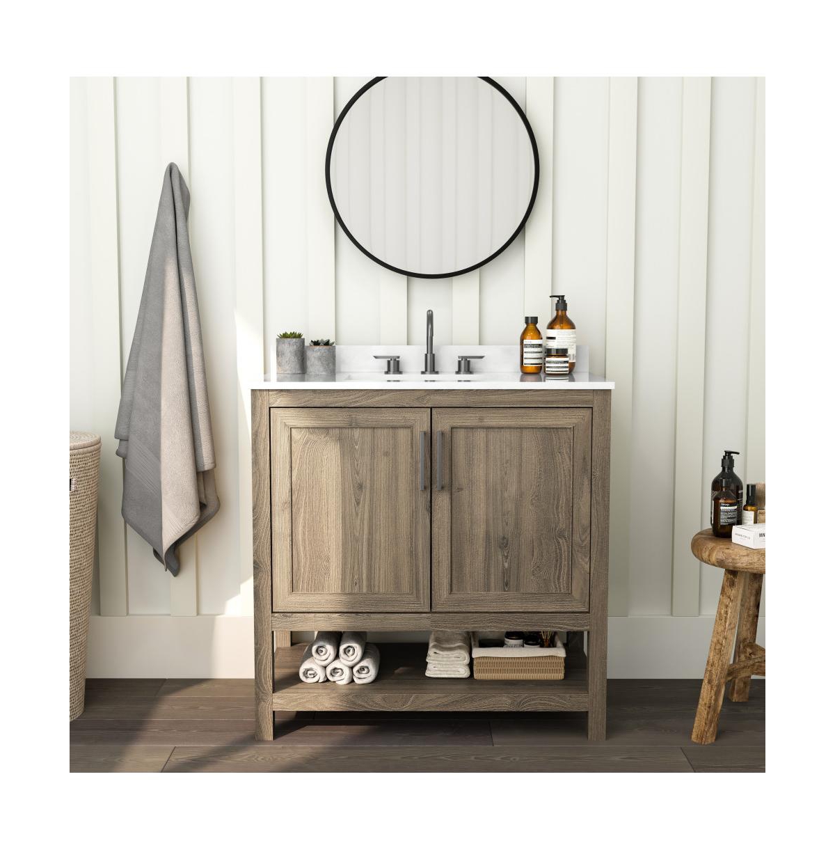 Merrick Lane Vigo Bathroom Vanity With Ceramic Sink, Carrara Marble Finish Countertop, Storage Cabinet With Soft Close Doors And Open Shelf