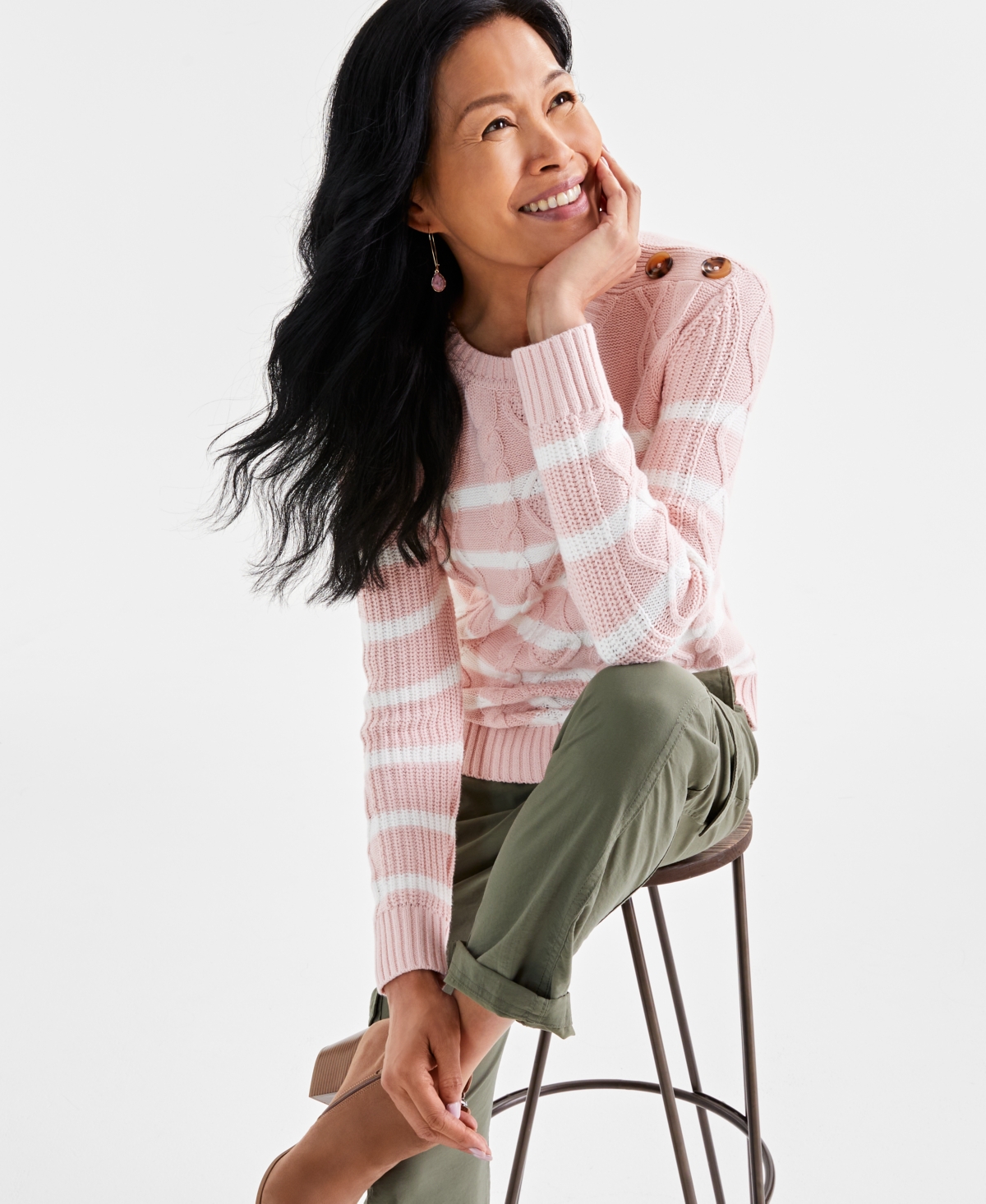 Style & Co Petite Striped Cable-Knit Button-Trim Sweater, Created for Macy's