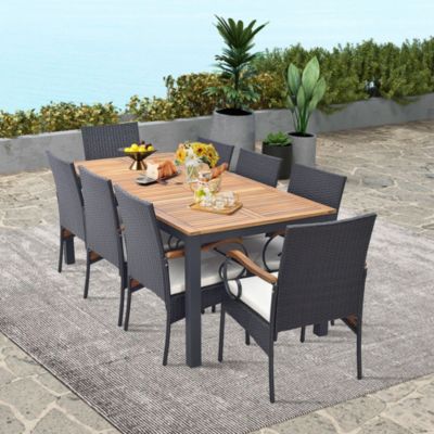 9 PCS Patio Rattan Dining Set with Acacia Wood Table, Cushions, 1.9" Umbrella Hole