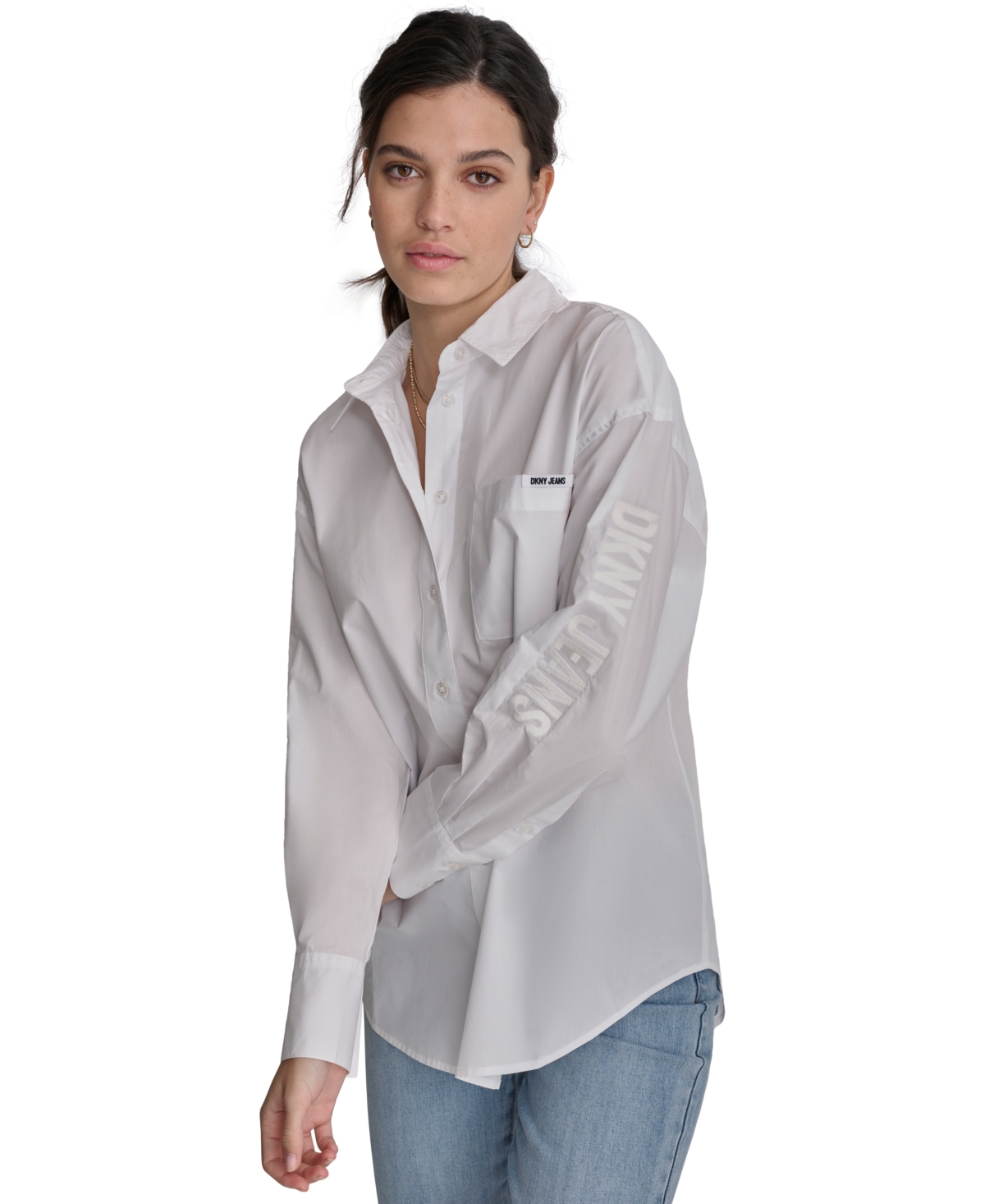Dkny Jeans Women's Cotton Embroidered-Logo Shirt -WHT