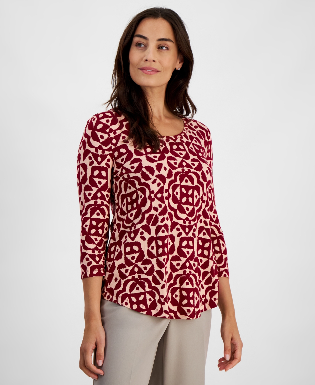Jm Collection Petite Randeur Printed 3/4-Sleeve Scoop-Neck Top, Created for Macy's