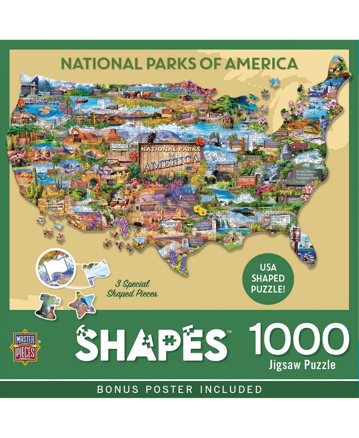 Детский пазл MasterPieces Puzzles National Parks of America 1000-Piece Shaped Jigsaw Puzzle, Ages 14+, цвет: Разноцветный — фото 1