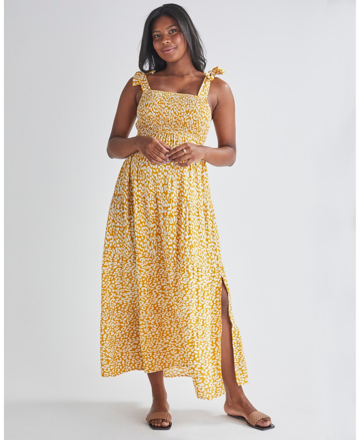 Maternity Ruffled Maxi Dress in Yellow Animal Print - Yellow