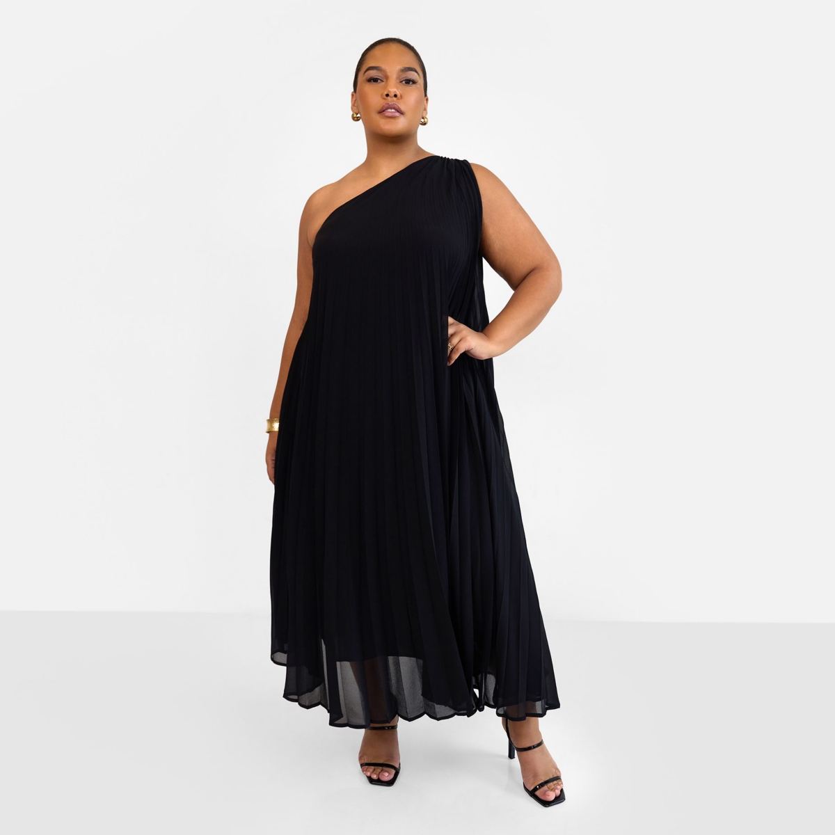 Rebdolls Plus Size Desiree Chiffon Pleated One Shoulder Maxi Shift Dress