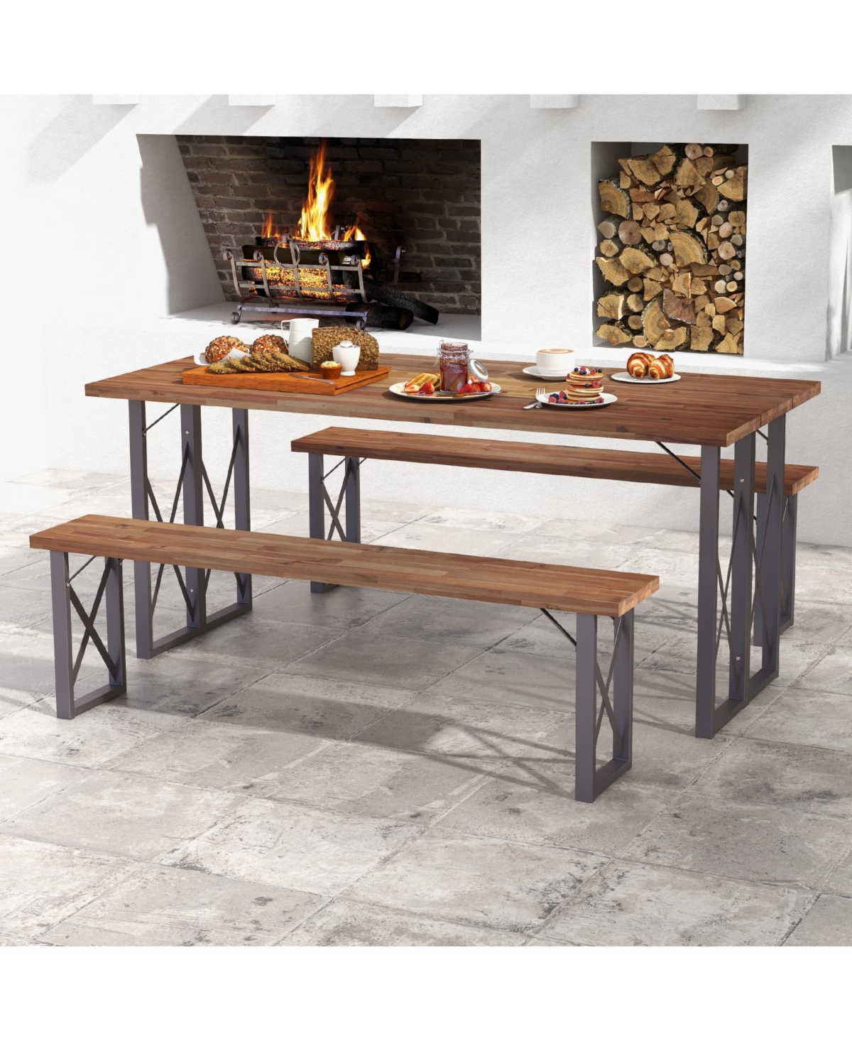 Slickblue Outdoor Picnic Bench Set Solid Acacia Wood Patio Rectangular Benches