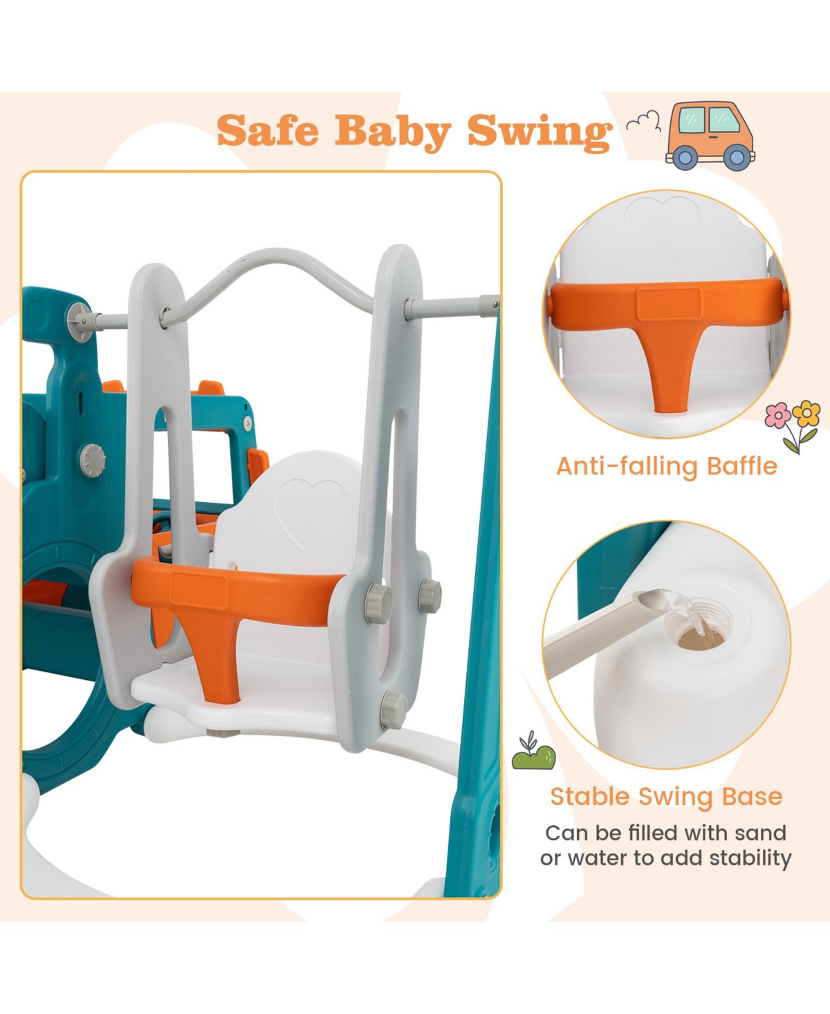 Slickblue 5-in-1 Kids Slide and Swing Set with Mini Bus and Basketball Hoop - Blue