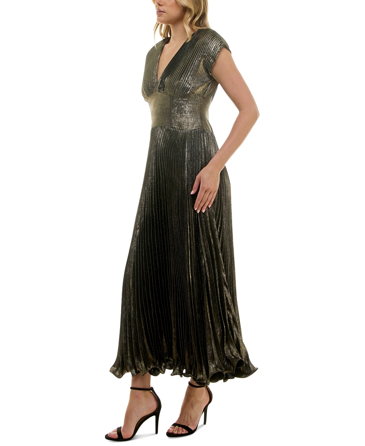Taylor Women's Metallic V-Neck Cap-Sleeve Pleated Gown -Gold