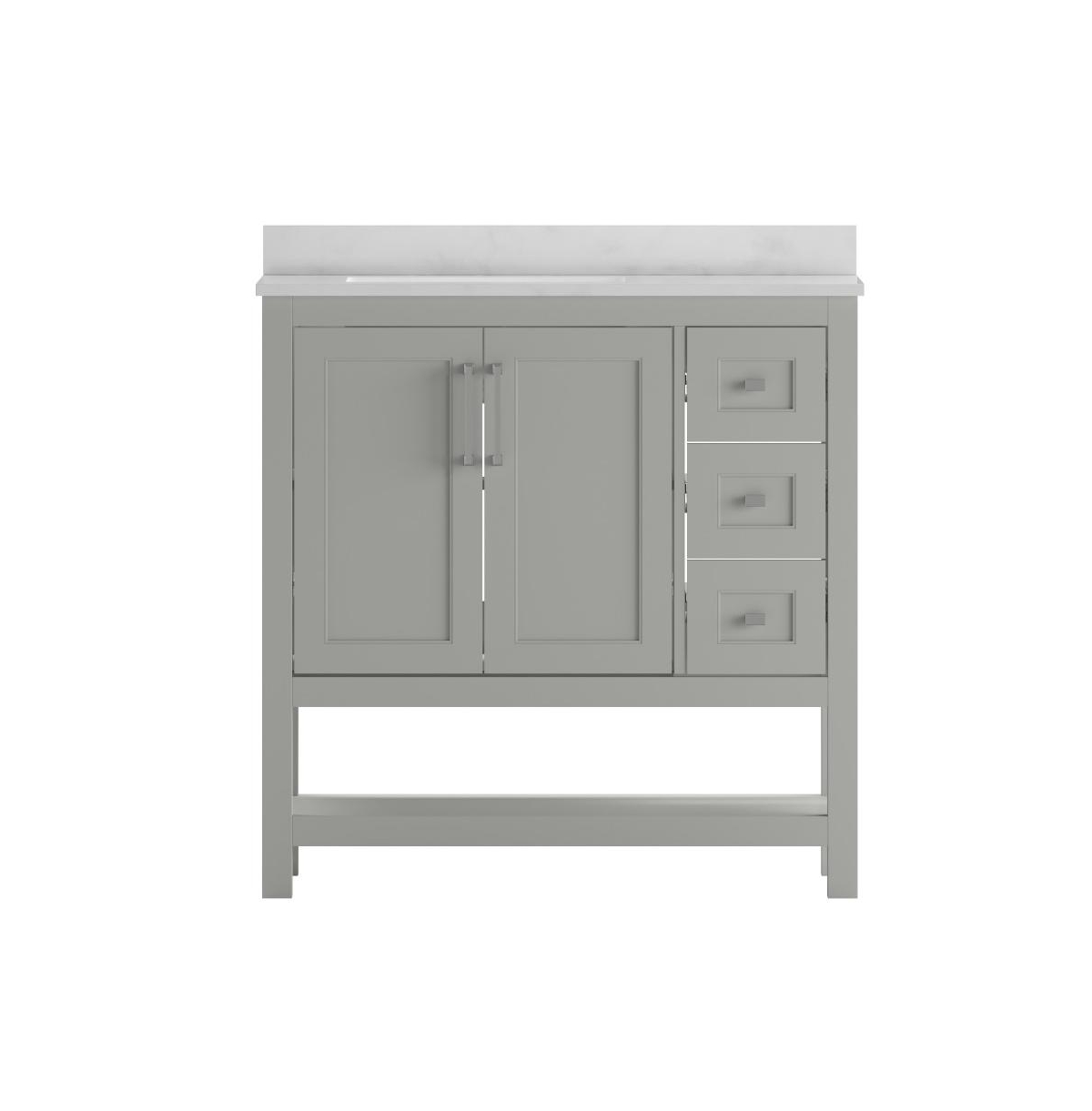 Merrick Lane Vigo Bathroom Vanity With Ceramic Sink, Carrara Marble Finish Countertop, Storage Cabinet With Soft Close Doors, Open Shelf And 3 Drawers