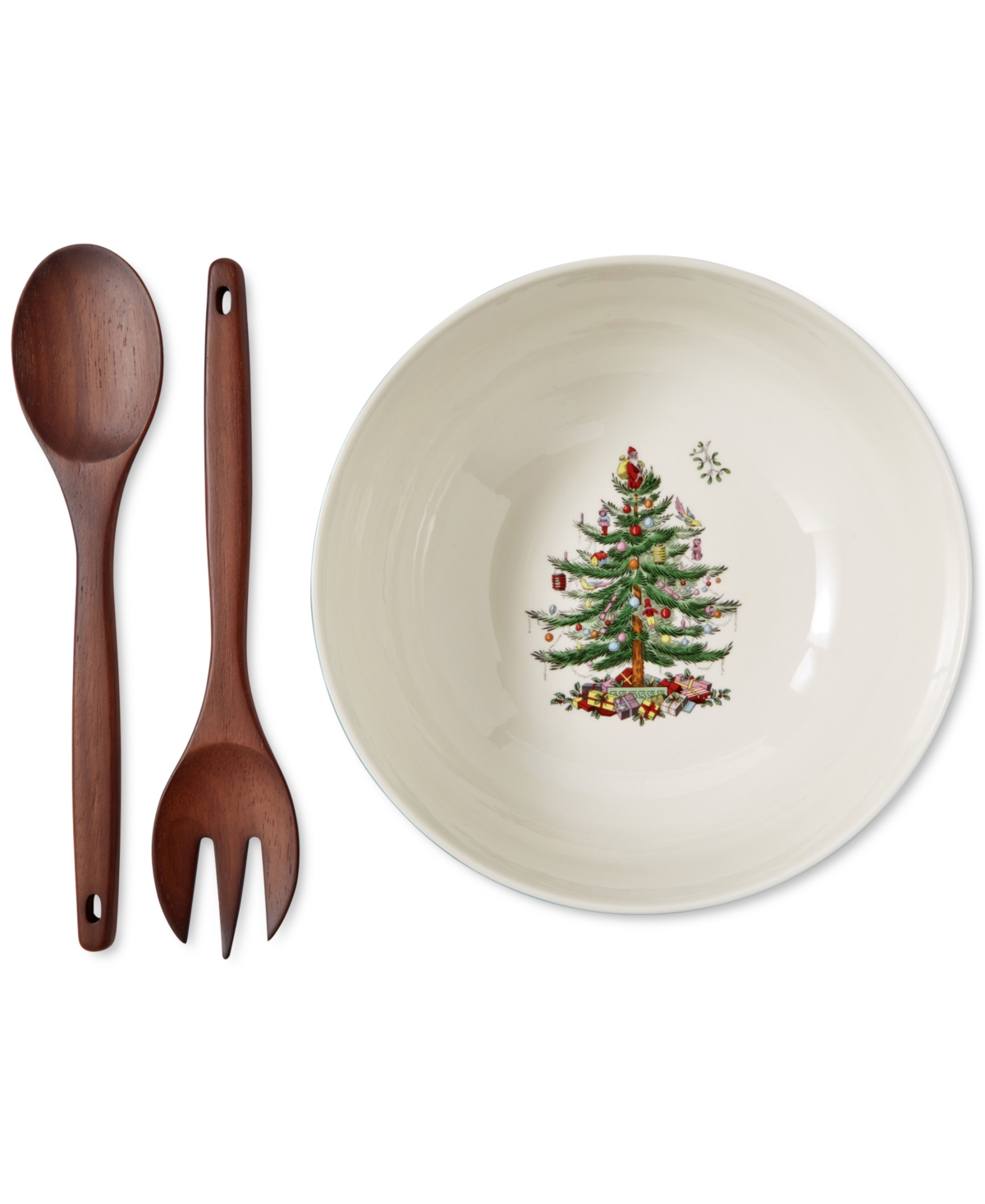 Spode Christmas Tree Serving Bowl & Wooden Servers In Green