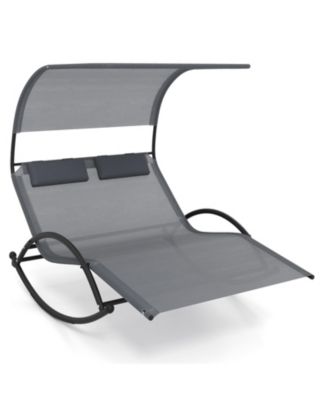 Outdoor Dual Rocker Sunbed 2-Person Canopied Patio Lounger with Detachable Headrests-Grey