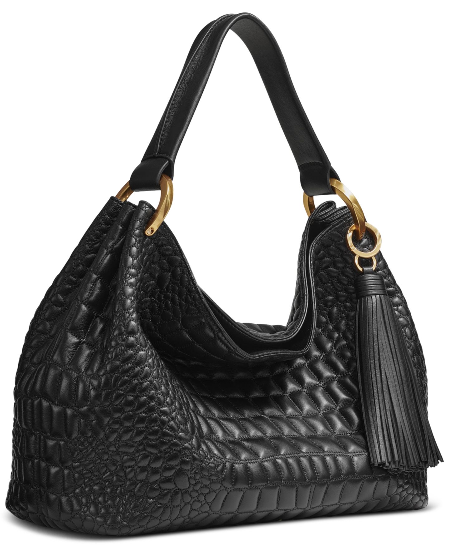 Женская сумка Donna Karan New York Glenwood Quilted Croc Large Shoulder with Tassel Detail, цвет: Чёрный / Золотой — фото 2