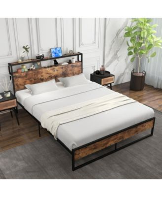 Queen Bed Frame with 2-Tier Storage Headboard and Charging Station - Full/Queen