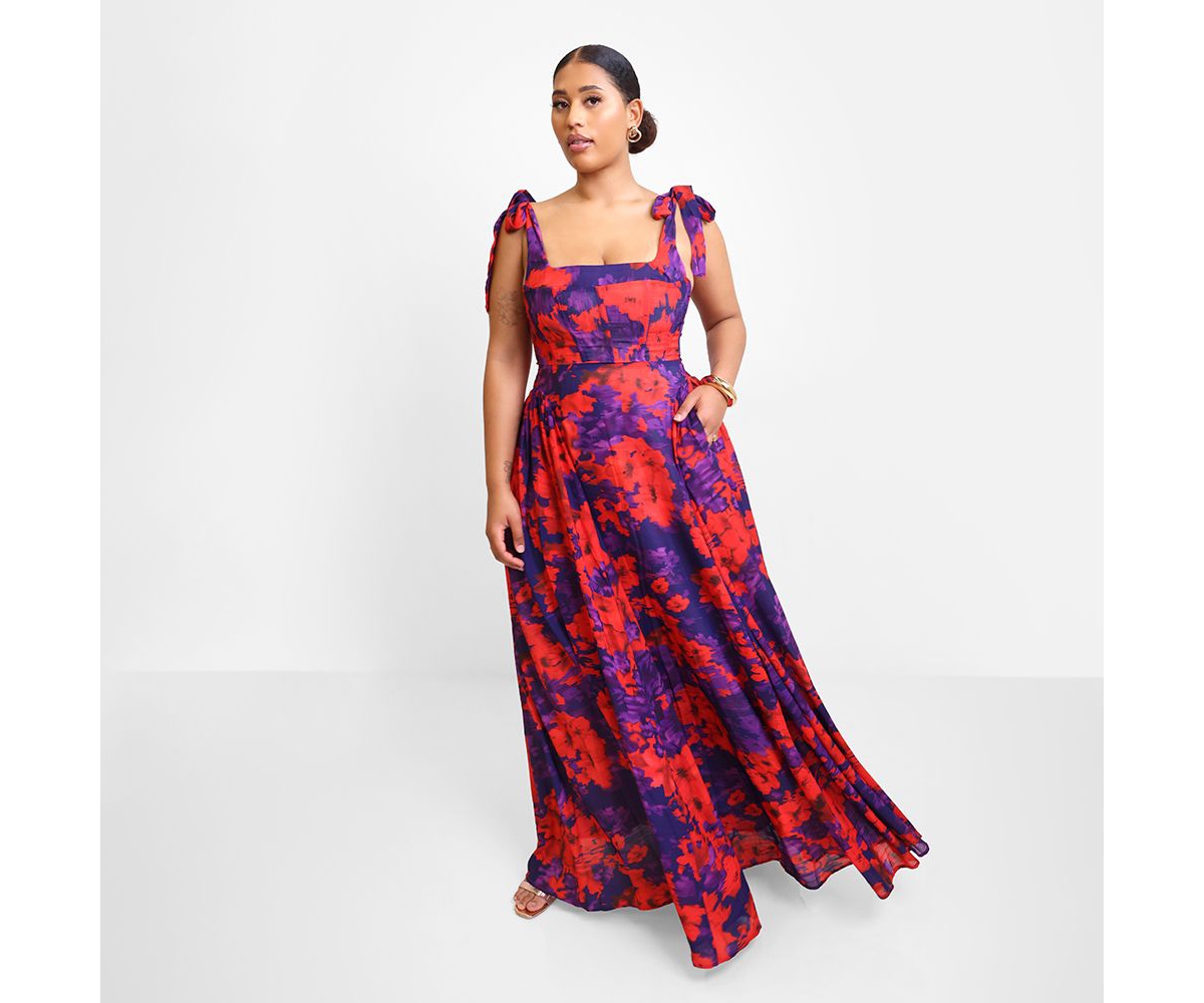 Plus Size Adelina Floral Tie Strap Maxi Skater Dress - Red