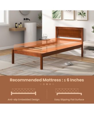 Twin Size Bed Frame with Wooden Headboard and Slat Support