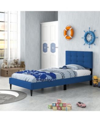 Twin Size Upholstered Platform Bed with with Button Tufted Linen Fabric Headboard