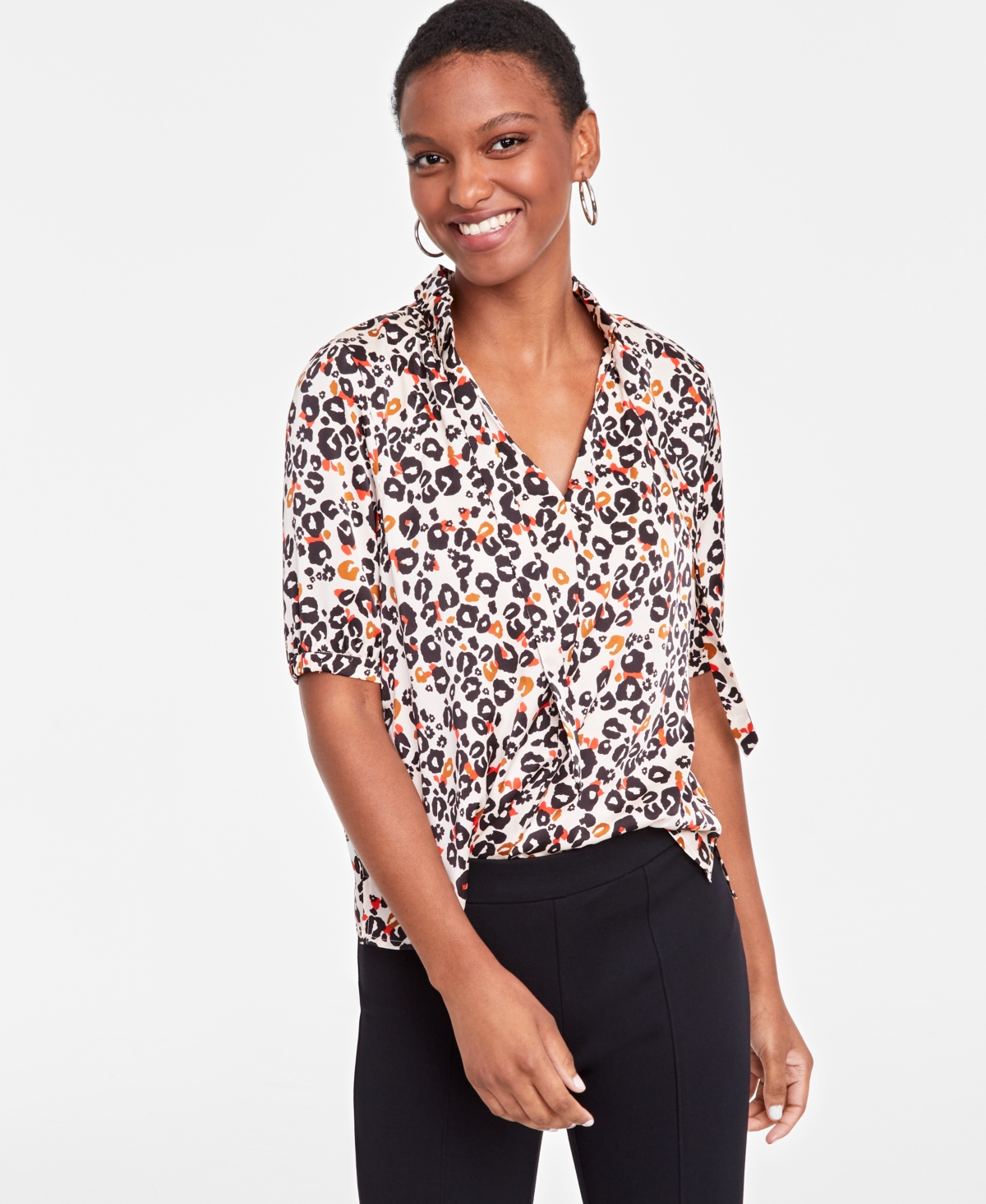 On 34th Women's Ruffle Tie Neck Elbow-sleeve Top, Created For Macy's In Rose Tan Combo