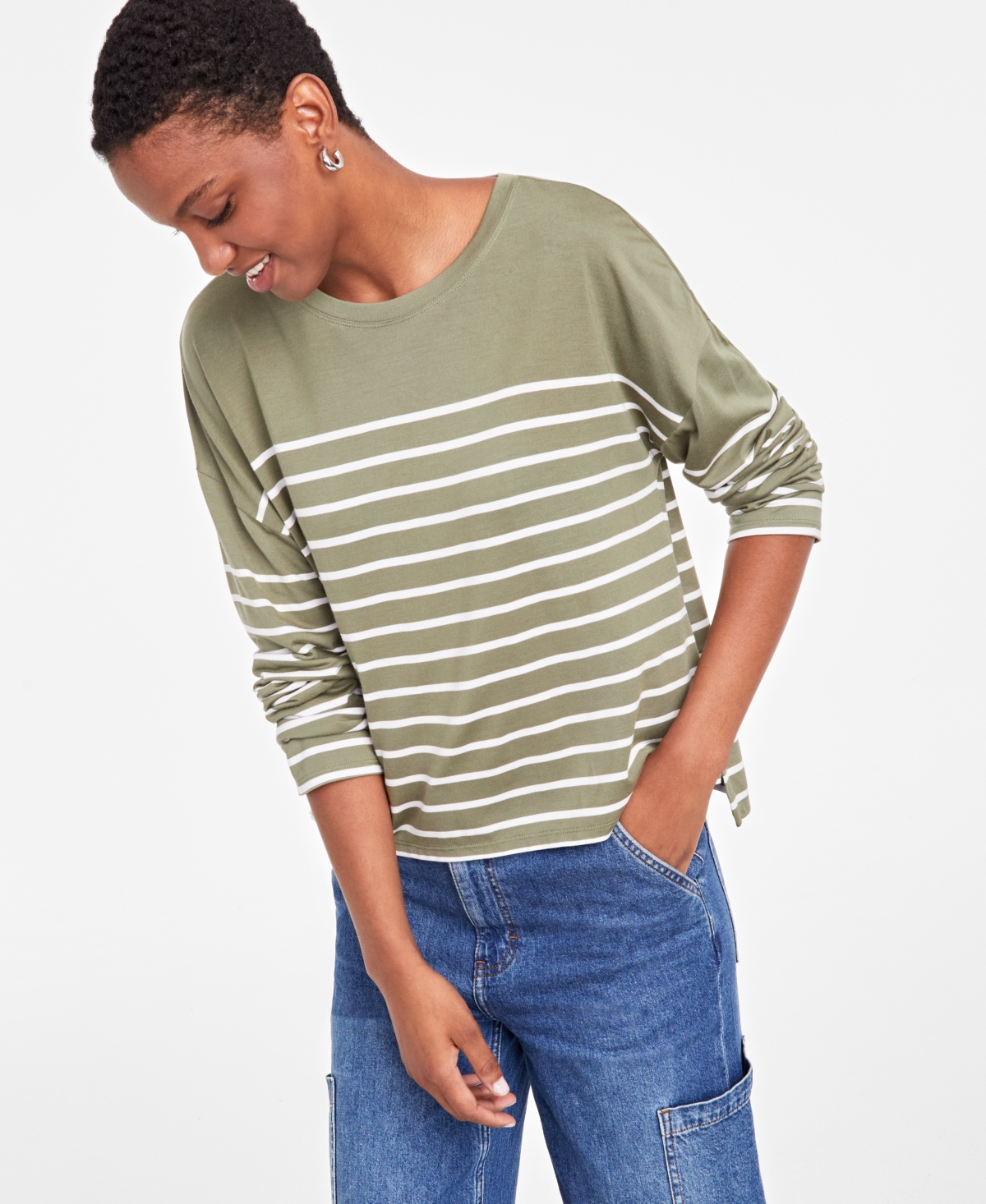 Women's Boxy Striped Long-Sleeve T-Shirt, Created for Macy's - Intrepid Blue Combo