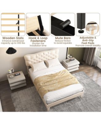 Queen Size Bed Frame with Nail Headboard and Wooden Slats