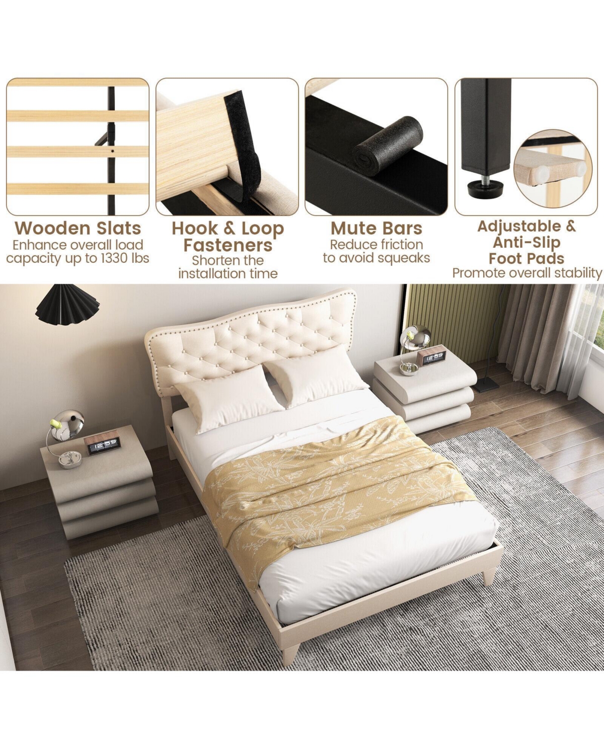 Sugift Size Bed Frame with Nail Headboard and Wooden Slats