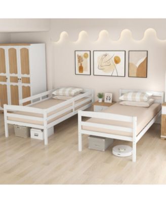 Solid Wood Twin Over Twin Bunk Bed Frame with High Guardrails and Integrated Ladder