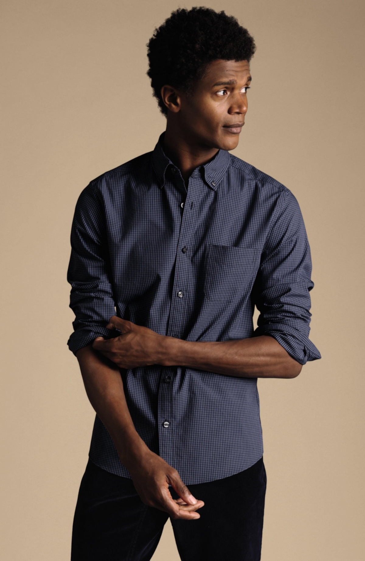 Men's Slim Fit Button-Down Collar Non-Iron Stretch Poplin Mini Gingham Shirt - Indigo blue