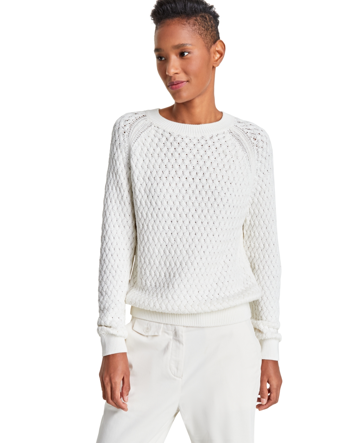 Women's Fino Cotton Raglan-Sleeve Sweater - White