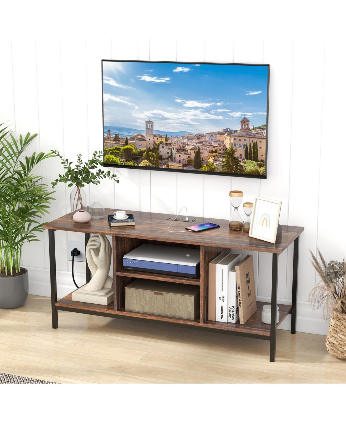 Sugift Tv Stand Entertainment Center with Open Storage Shelves and Power Outlets to Inches