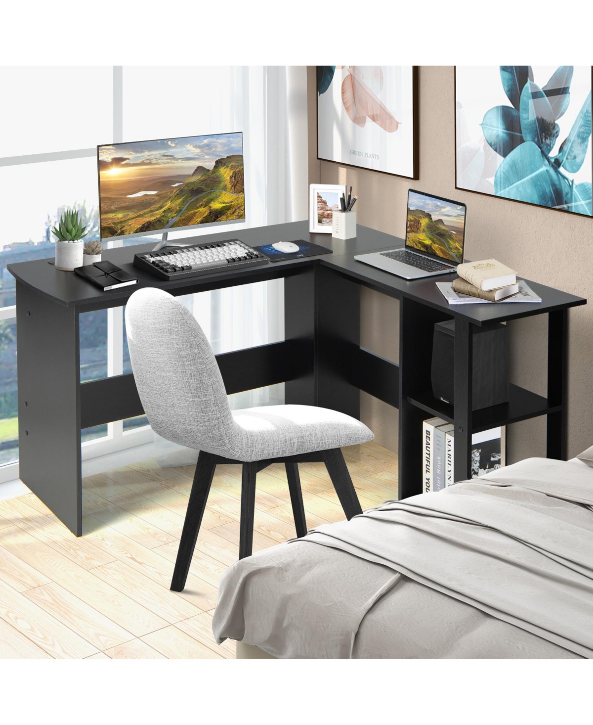 Skonyon L-Shaped Corner Computer Desk with 2-Tier Open Shelves for Home Office