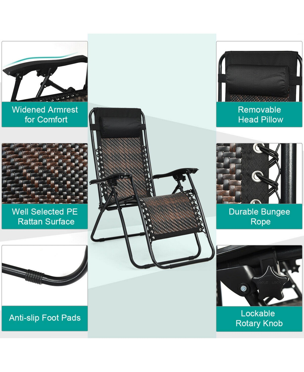 Gymax Folding Set of 2 Rattan Patio Zero Gravity Lounge Chair Recliner w/ Headrest - Black+brown