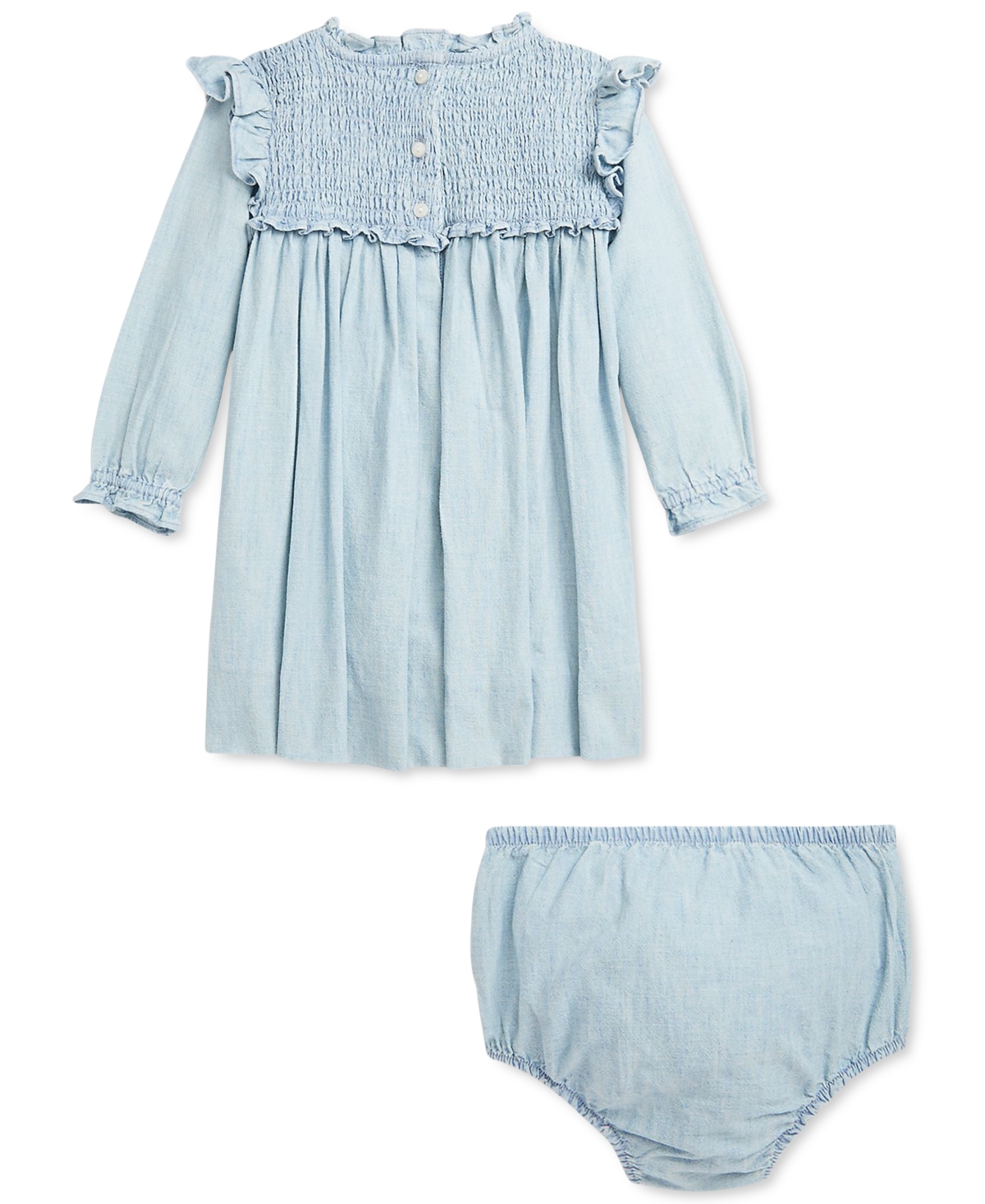 Polo Ralph Lauren Baby Smocked Ruffle-Trim Cotton Chambray Dress with Matching Bloomer