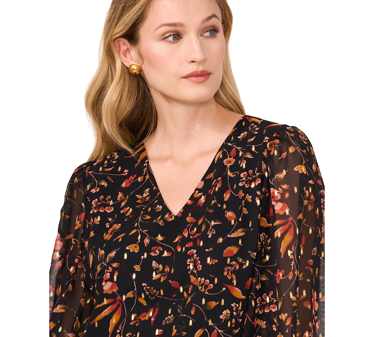 CeCe Women's Floral Print Foil Dot Blouson-Sleeve Blouse
