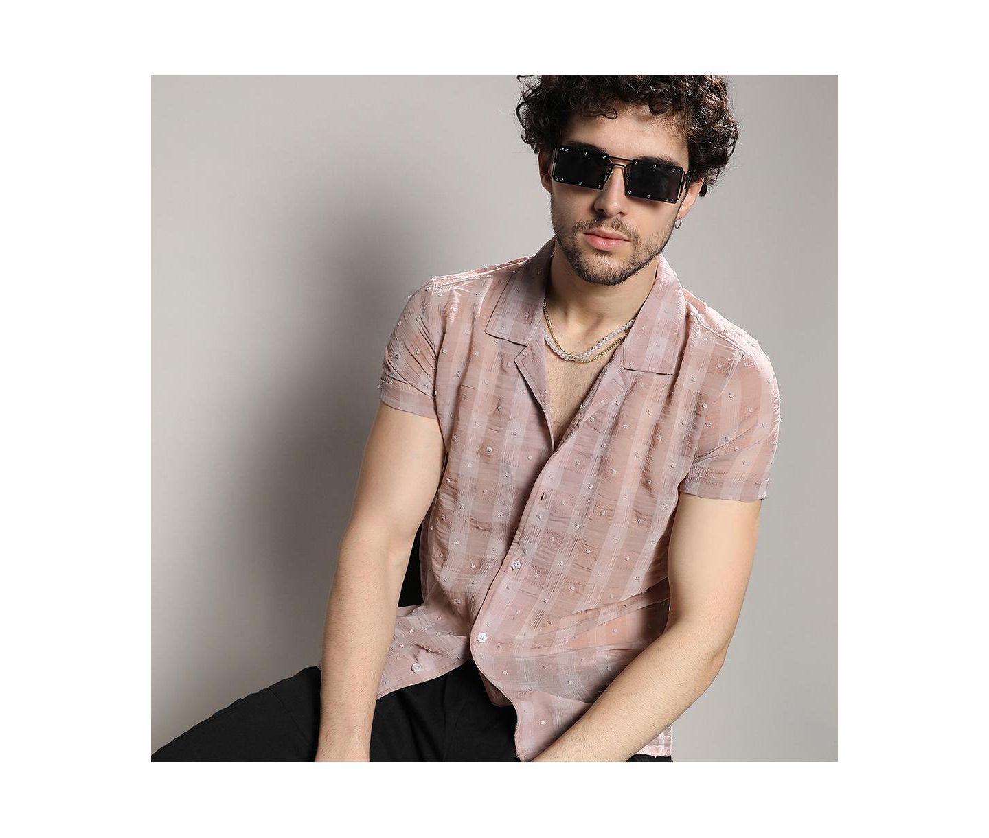 Мужская рубашка Cahoot Campus Sutra Brown Self-Design Buffalo Check, цвет: Бежевый / Хаки — фото 5