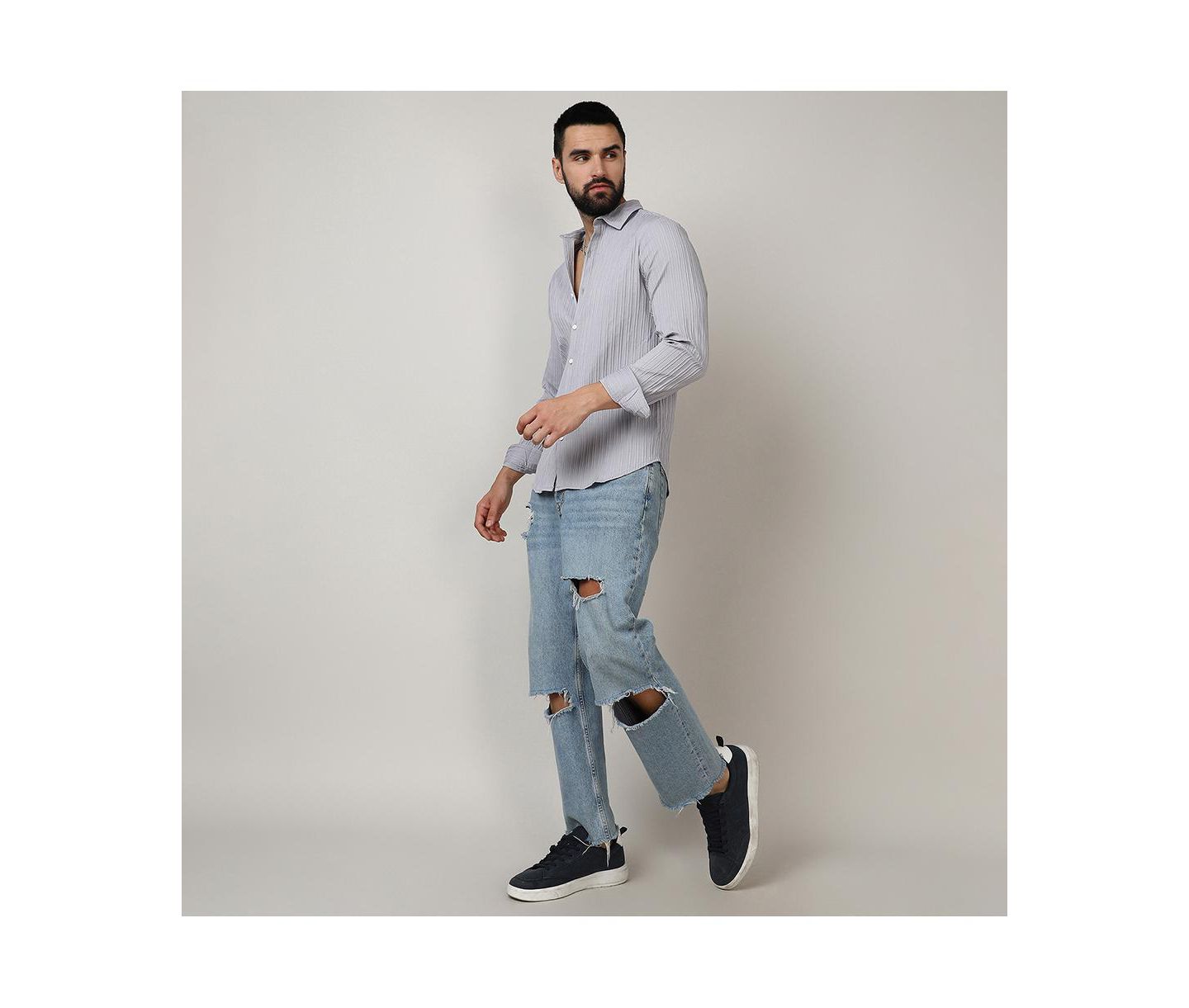 Мужская рубашка Cahoot Campus Sutra Moon Grey Self-Design Striped, цвет: Серый — фото 2