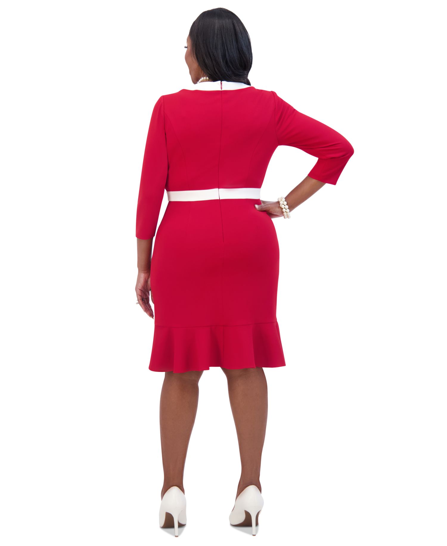 Women's Ruffled-Hem 3/4-Sleeve Contrast-Trim Dress