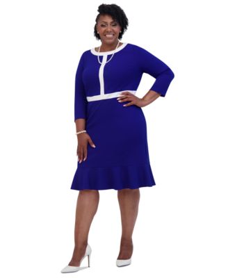 Women's Ruffled-Hem 3/4-Sleeve Contrast-Trim Dress