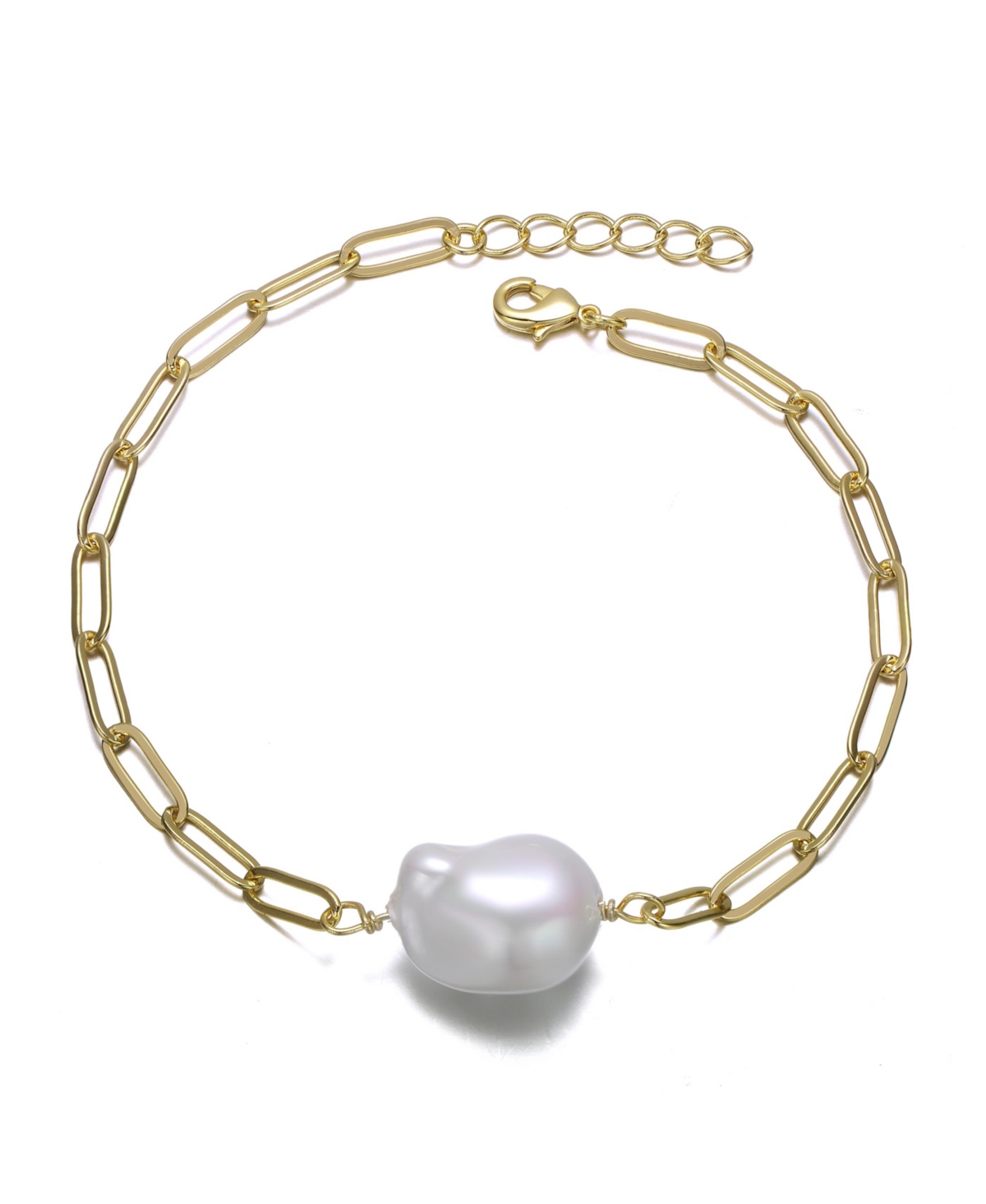 Sterling Silver 14k Gold Plated White Freshwater Pearl Paperclip Link Bracelet - Gold