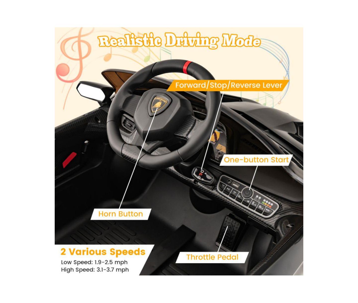 Детская игрушка VEBREDA 12V Licensed Lamborghini 4WD Kids Ride-on Sports Car with 2.4G Remote, цвет: Чёрный — фото 3