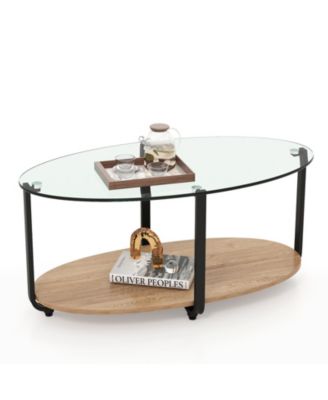 2-Tier Glass-Top Oval Coffee Table with Wooden Shelf for Living Room