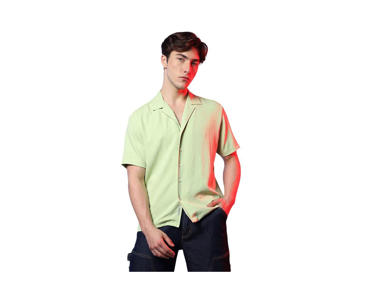 Men's Lime Green Self-Design Creased Box Shirt