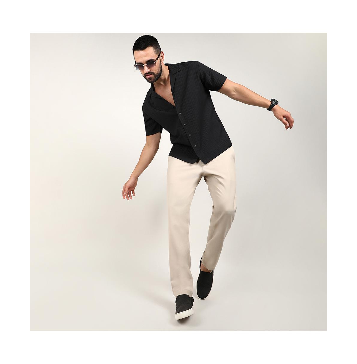 Campus Sutra Men's CharcoalSelf-Design Striped Shirt - Black