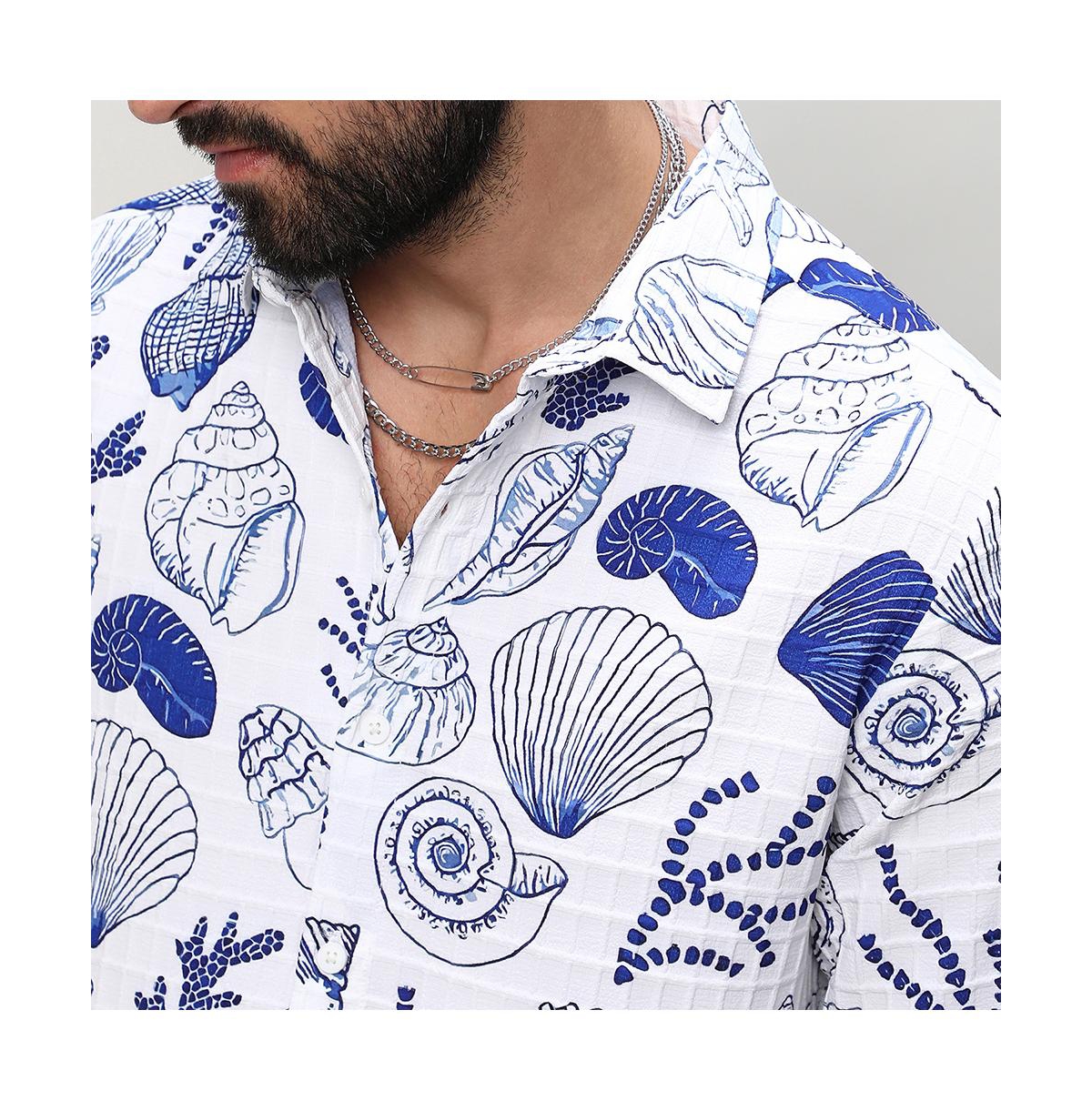 Campus Sutra Men's ChalkIndigo Blue Seashell Shirt - White
